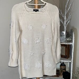 Spense Knits L Cream Sweater with Scoop Neck,Fluffy Textured Polkadot Accents